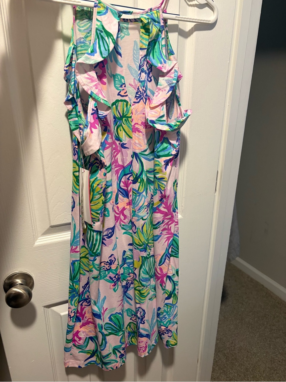 Lilly Pulitzer Pink Tropical Ruffle Midi Dress with Green & Blue Leaves